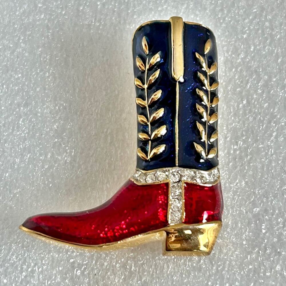 Red White and Blue Enamel Cowboy Boot Brooch Signed Scarlett O’Hara